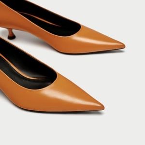 ZARA Camel Leather Pointed Toe Court Kitten Heels